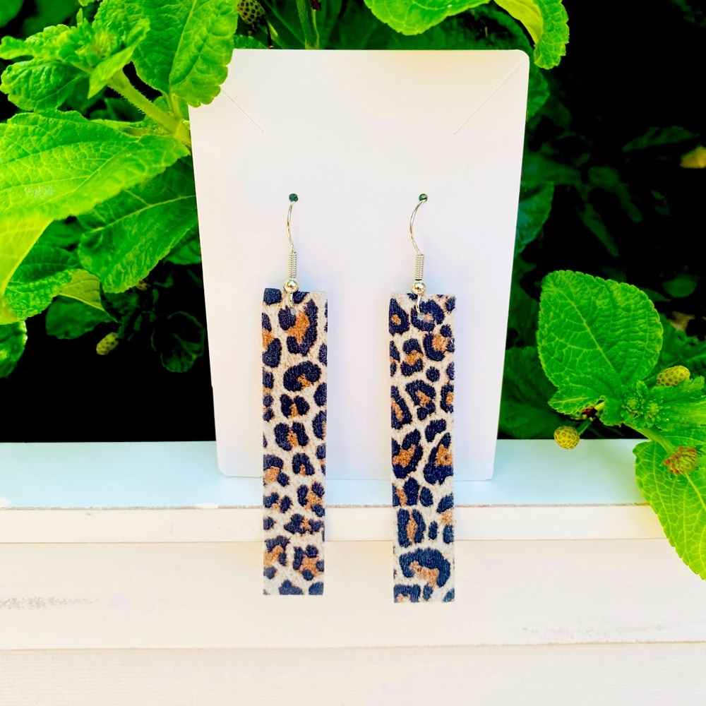 Leopard Leather Bar Earrings- Animal Print Bar Dangle Earrings